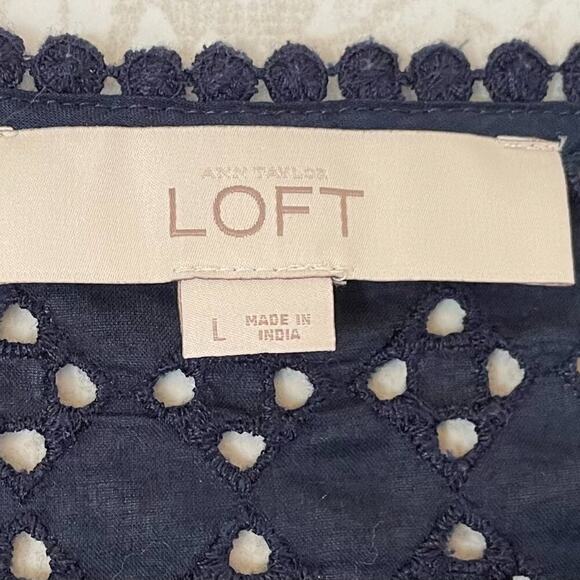 LOFT Cotton Navy Short Sleeve Eyelet Shirt/Top/Blouse with Pom Pom Trim, L - Picture 5 of 8